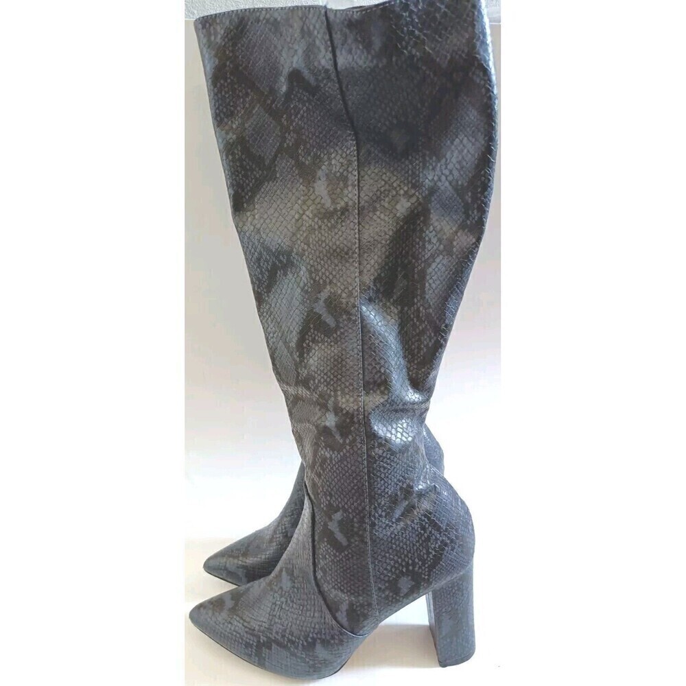 Catherine Maladrino Snake Print Knee Boots 6.5 Black Navy High Heel Pointed Toe - Picture 3 of 12